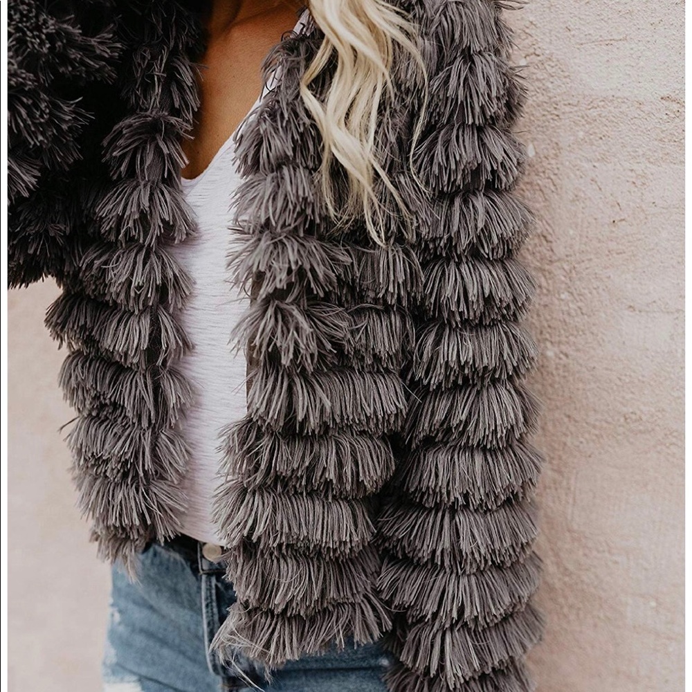 Grey shaggy fur coat jacket